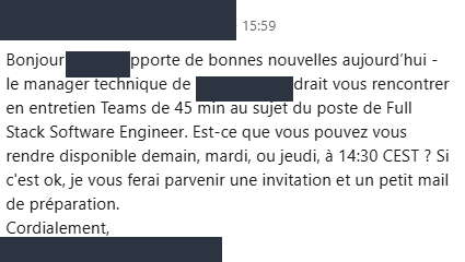 Invitation à entretien reçue : Full Stack Software Engineer