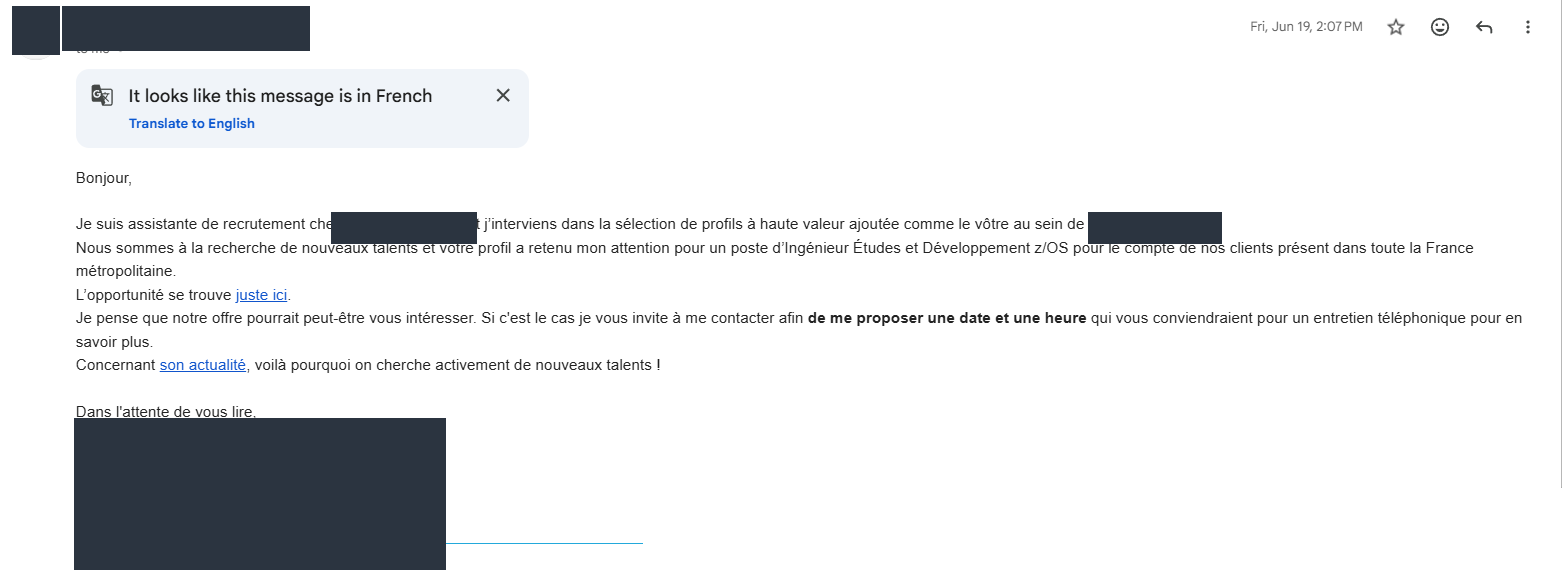 Invitation à entretien reçue : Ingénieur Études et Développement z/OS