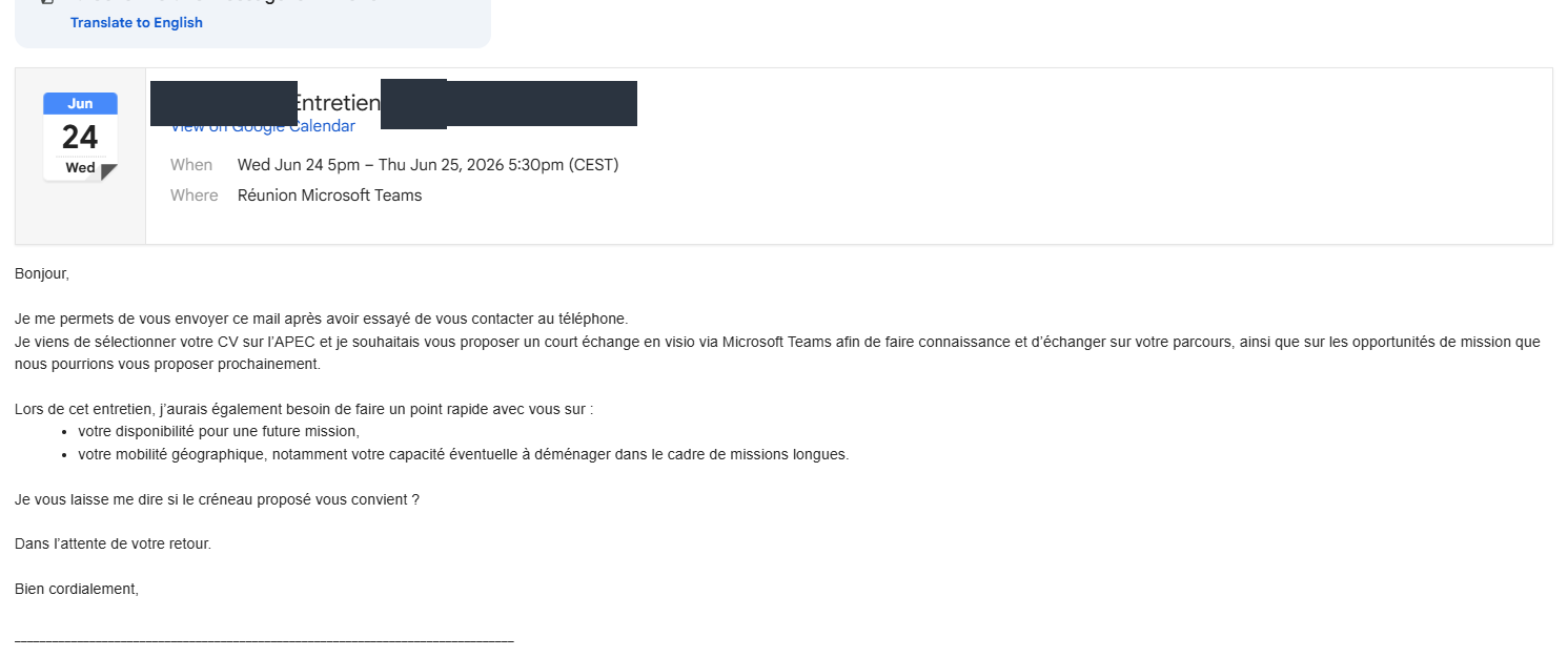Invitation à entretien reçue : Entretien visio programmé
