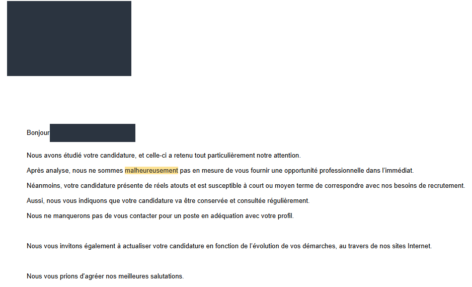 Réponse négative reçue : Candidature classée sans suite