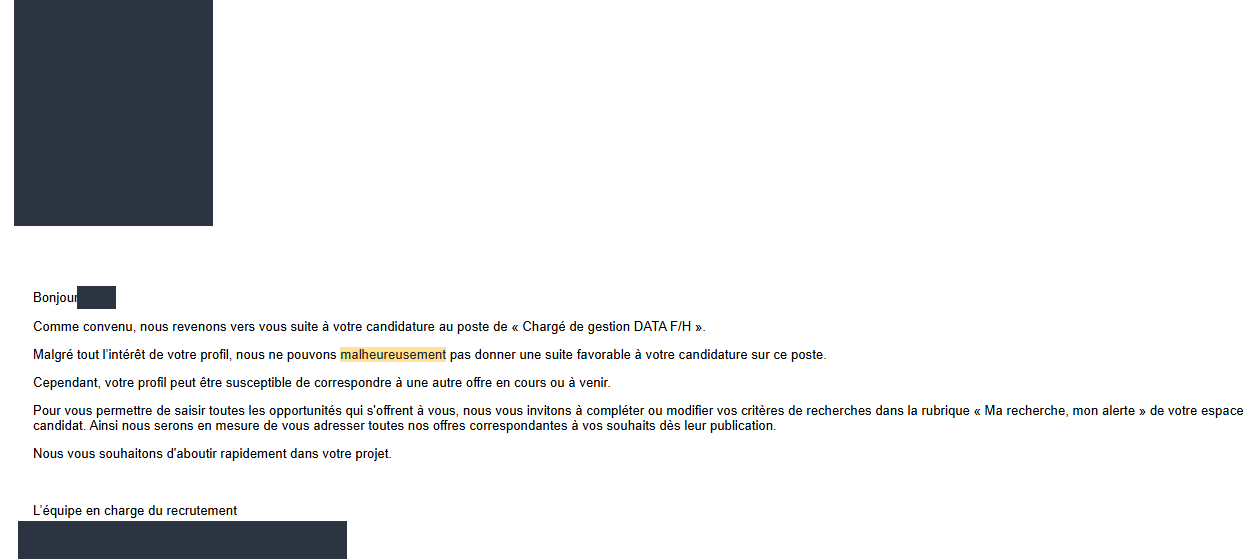 Réponse négative reçue : Poste « Chargé de gestion DATA »