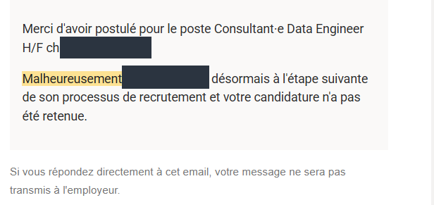 Réponse négative reçue : Poste « Consultant·e Data Engineer »